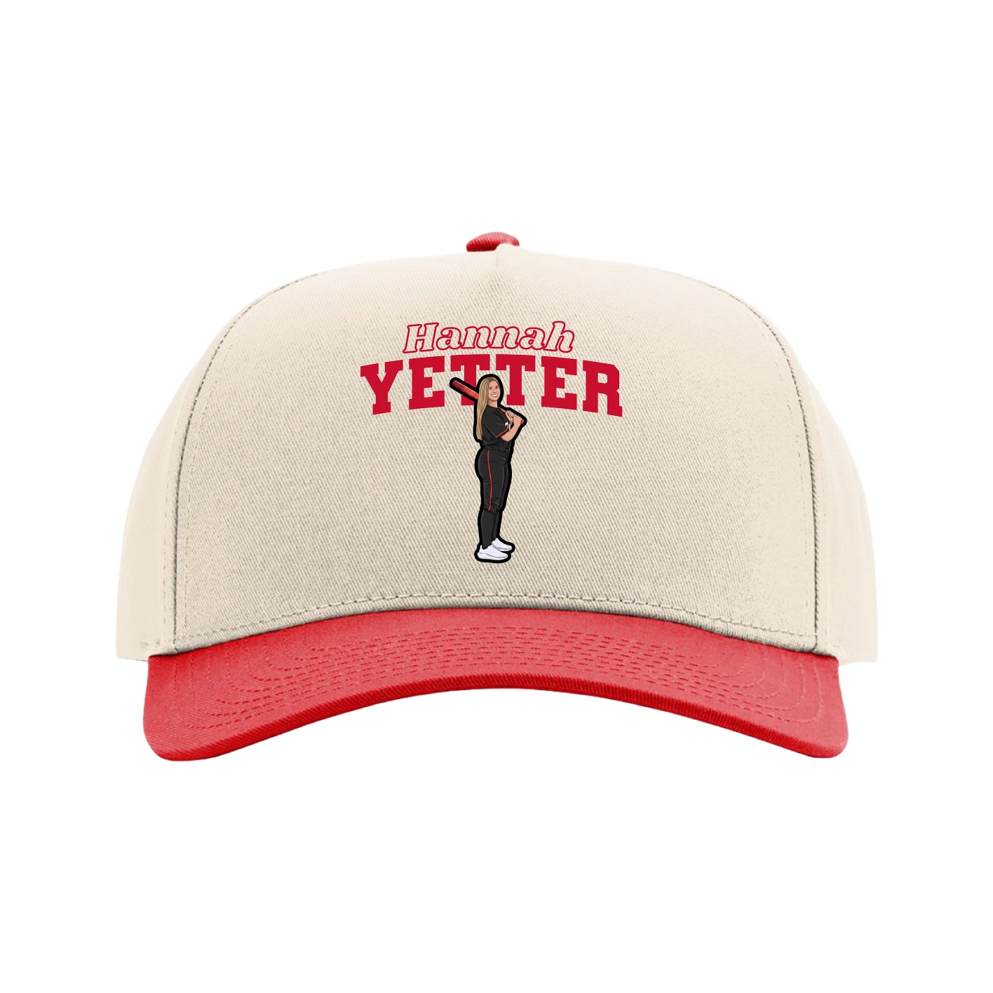 Full Fabric Five-Panel Champ Cap — Name Arch in Cream/Red