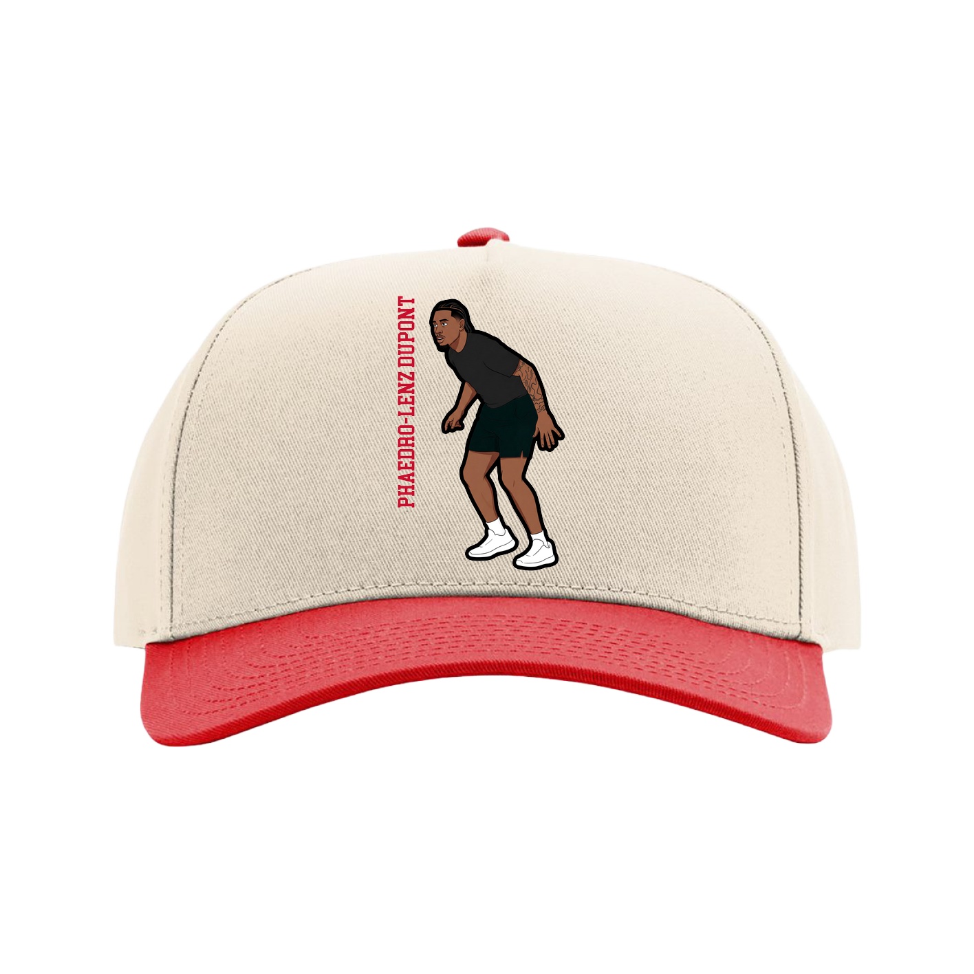 Full Fabric Five-Panel Champ Cap — Name Vertical in Cream/Red