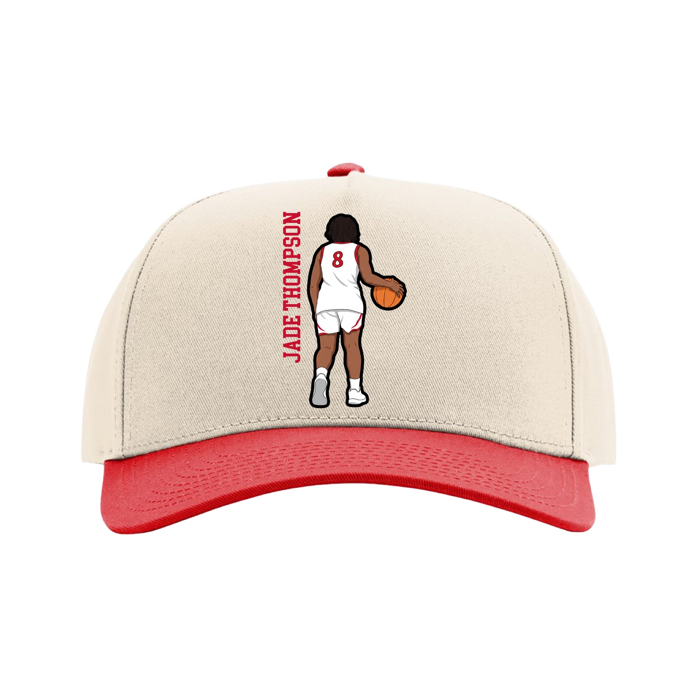 Full Fabric Five-Panel Champ Cap — Name Vertical in Cream/Red