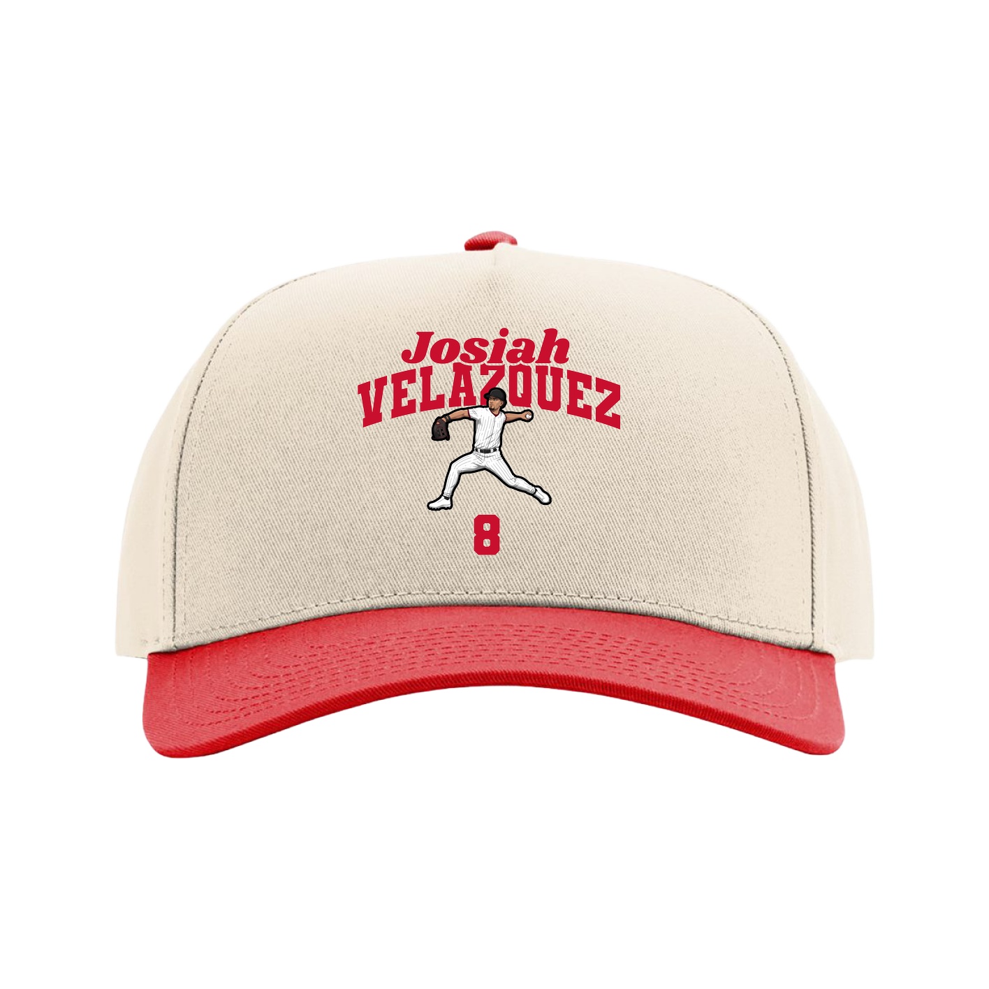 Full Fabric Five-Panel Champ Cap — Signature Arch in Cream/Red