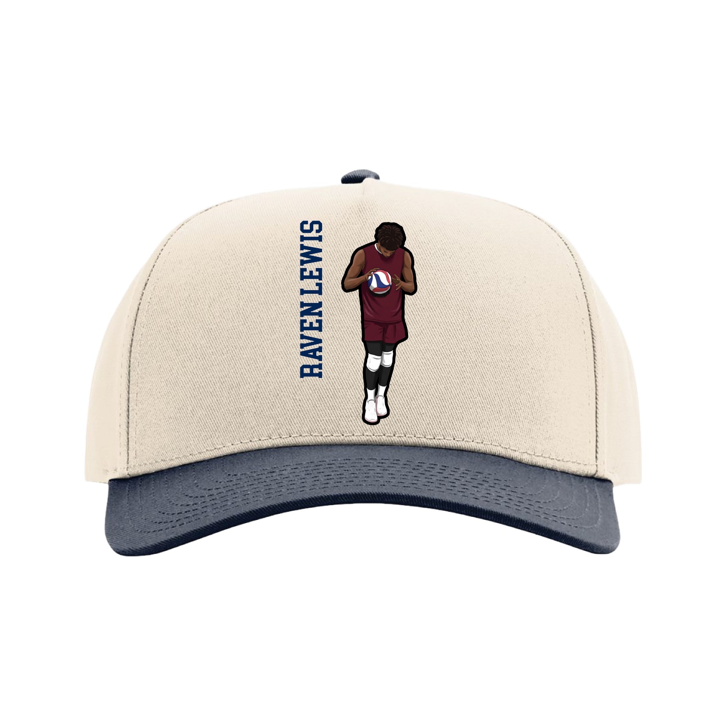 Full Fabric Five-Panel Champ Cap — Name Vertical in Cream/Navy