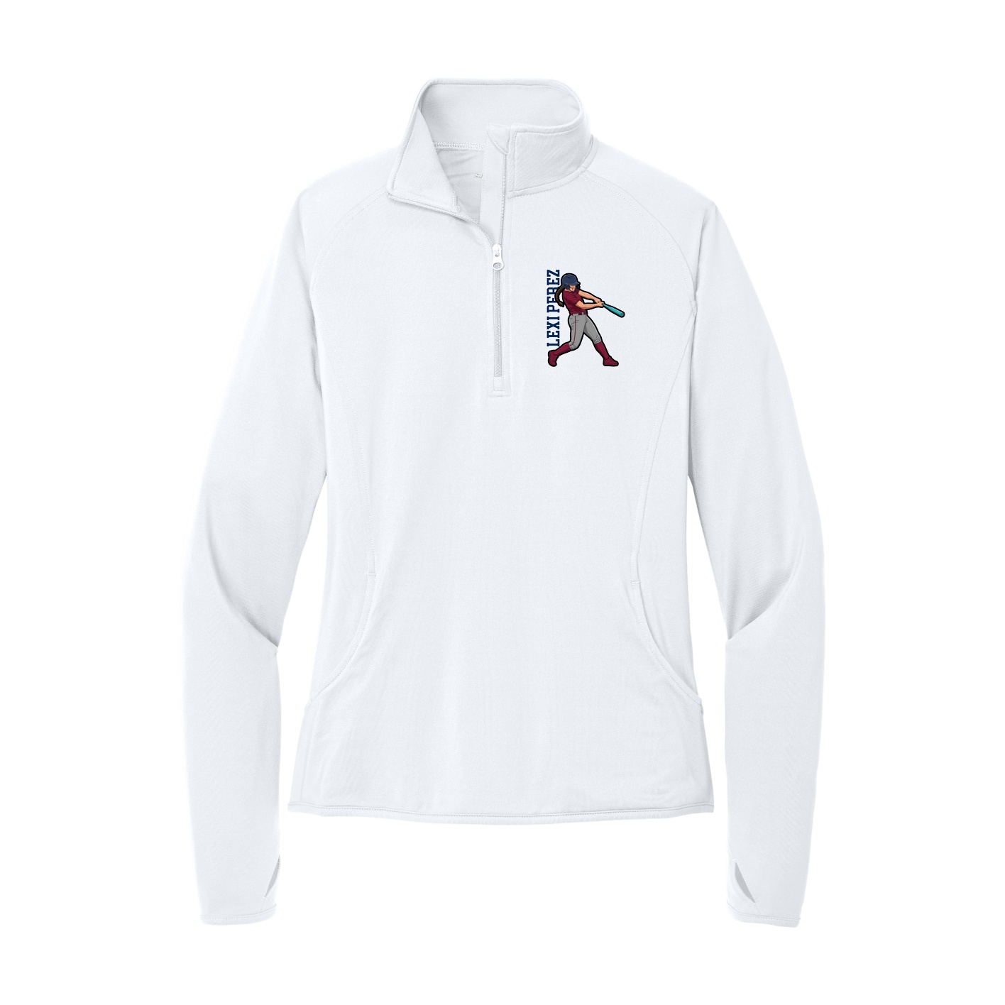 Women's Q-Zip Pullover — Name Vertical in White