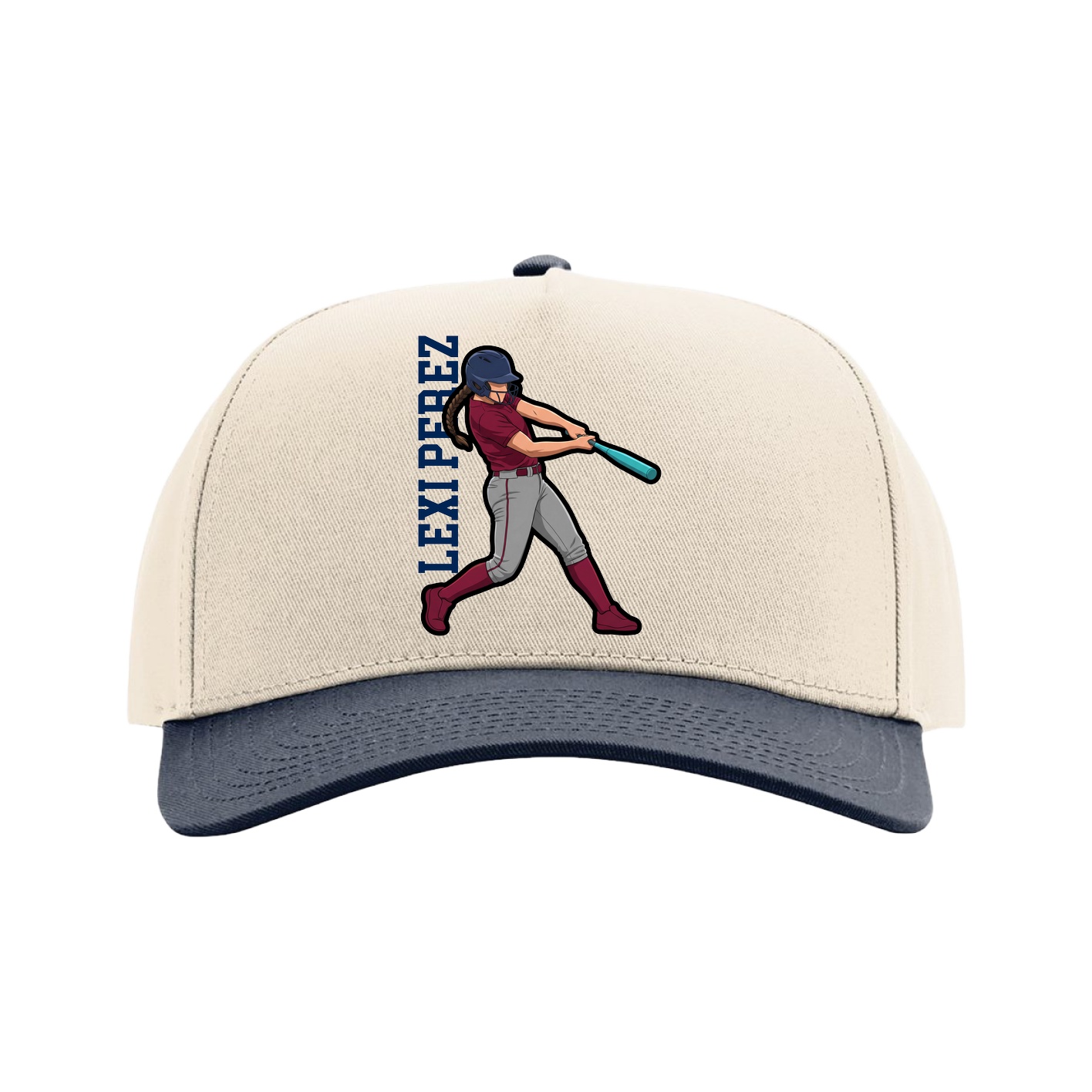 Full Fabric Five-Panel Champ Cap — Name Vertical in Cream/Navy