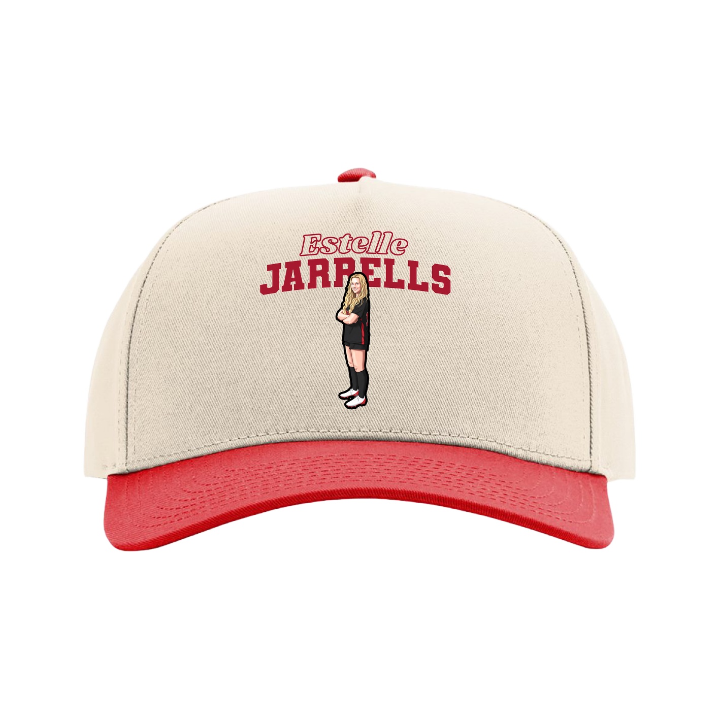 Full Fabric Five-Panel Champ Cap — Name Arch in Cream/Red