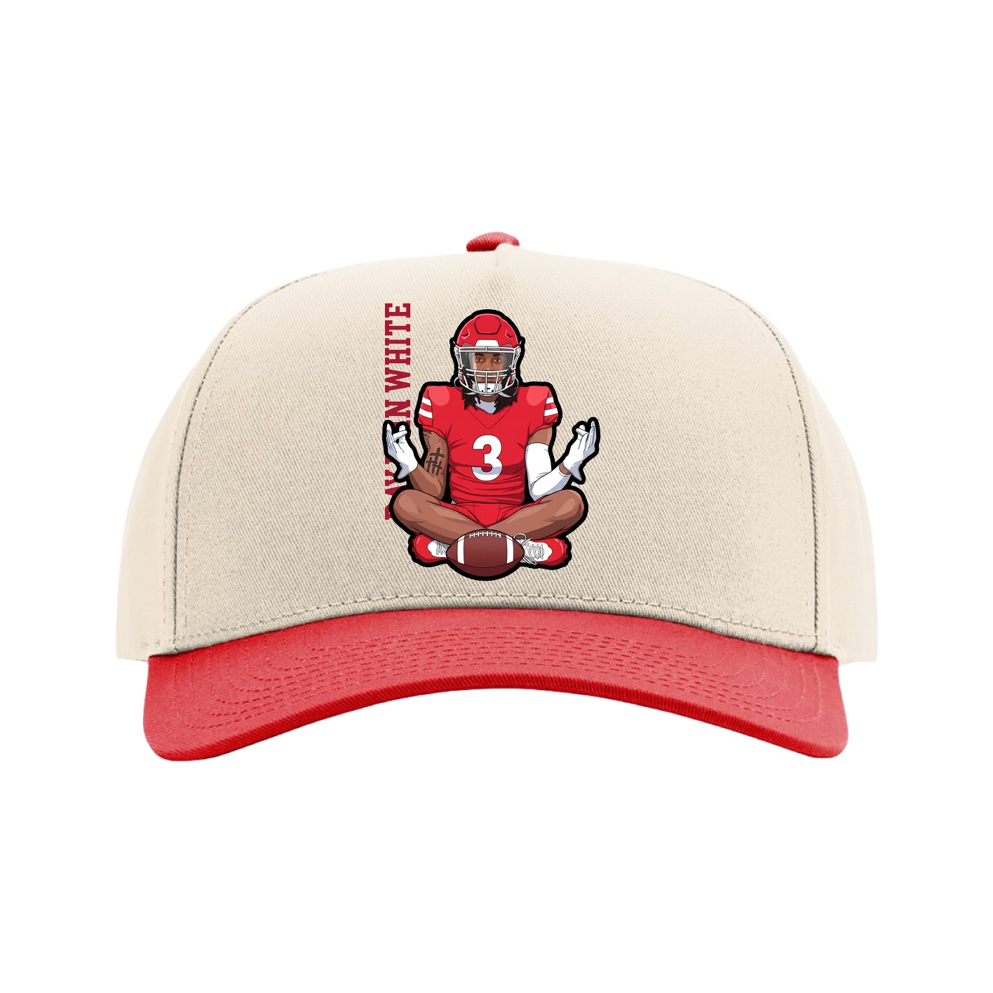 Full Fabric Five-Panel Champ Cap — Name Vertical in Cream/Red
