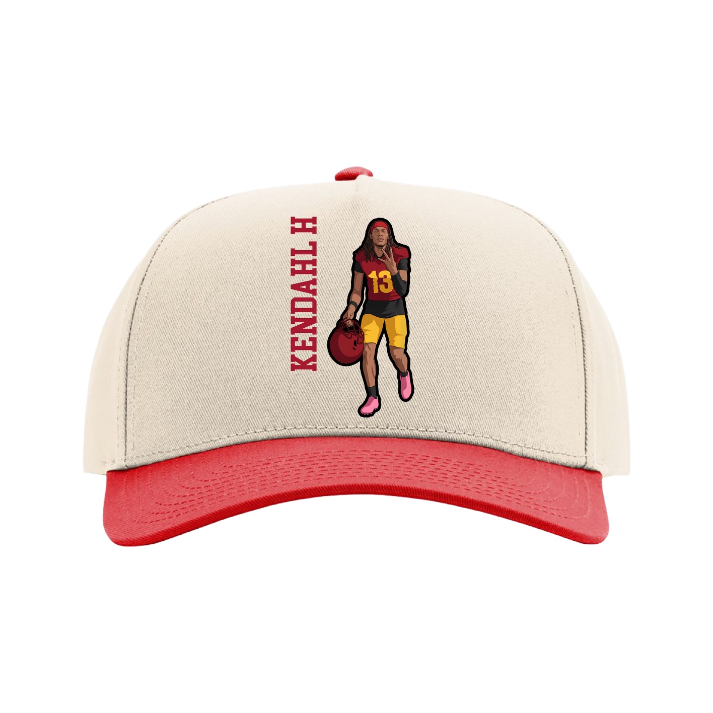 Full Fabric Five-Panel Champ Cap — Name Vertical in Cream/Red