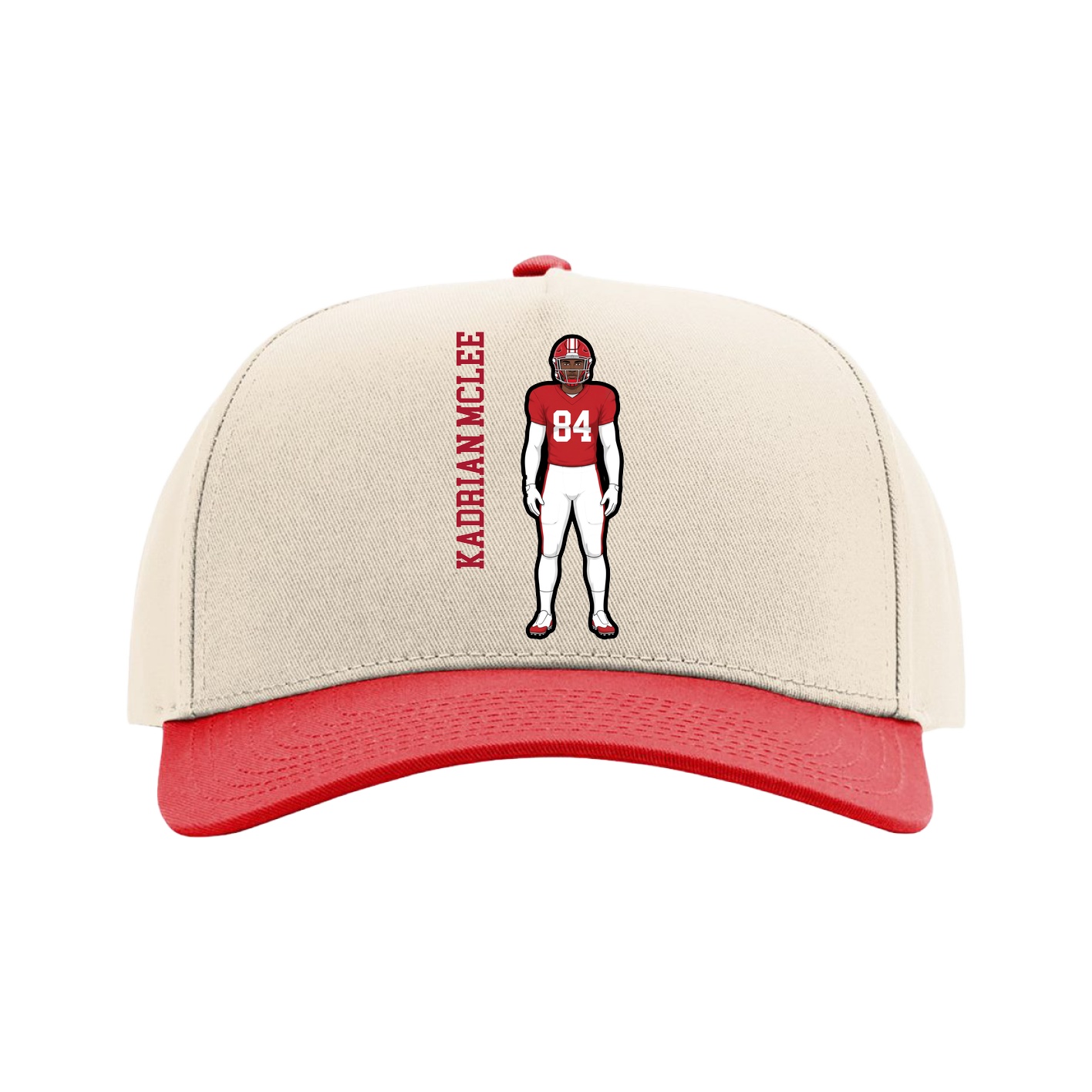 Full Fabric Five-Panel Champ Cap — Name Vertical in Cream/Red