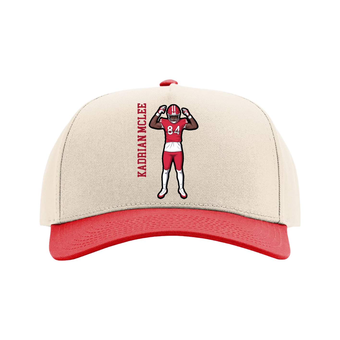 Full Fabric Five-Panel Champ Cap — Name Vertical in Cream/Red
