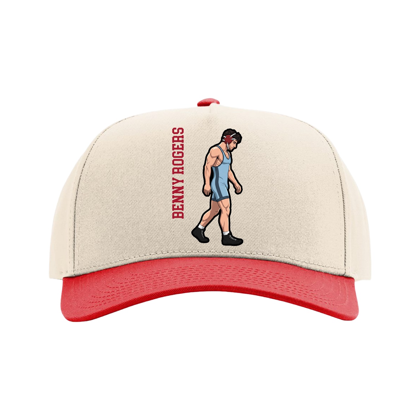 Full Fabric Five-Panel Champ Cap — Name Vertical in Cream/Red