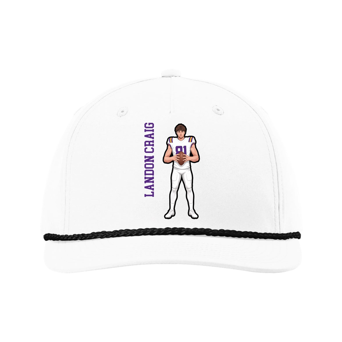 Five-Panel Classic Rope Cap — Name Vertical in White