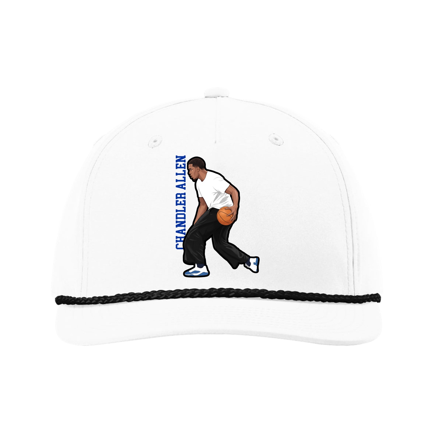 Five-Panel Classic Rope Cap — Name Vertical in White