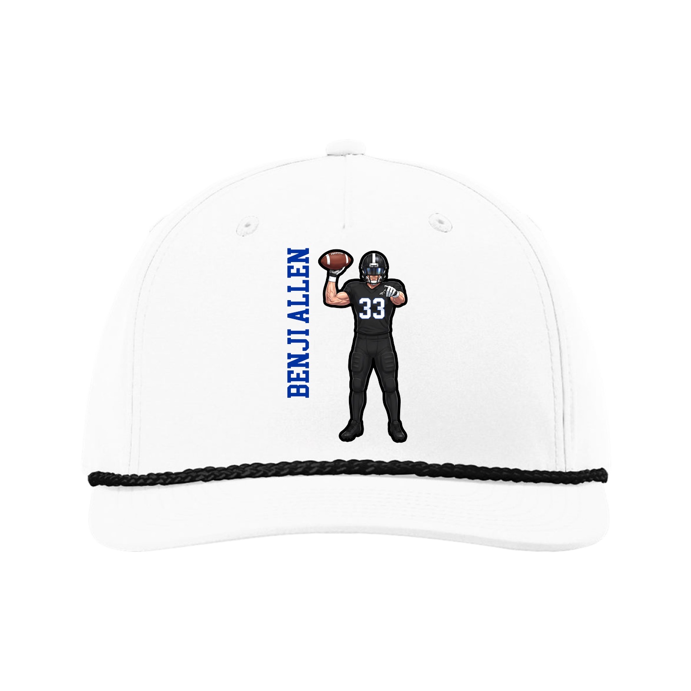 Five-Panel Classic Rope Cap — Name Vertical in White