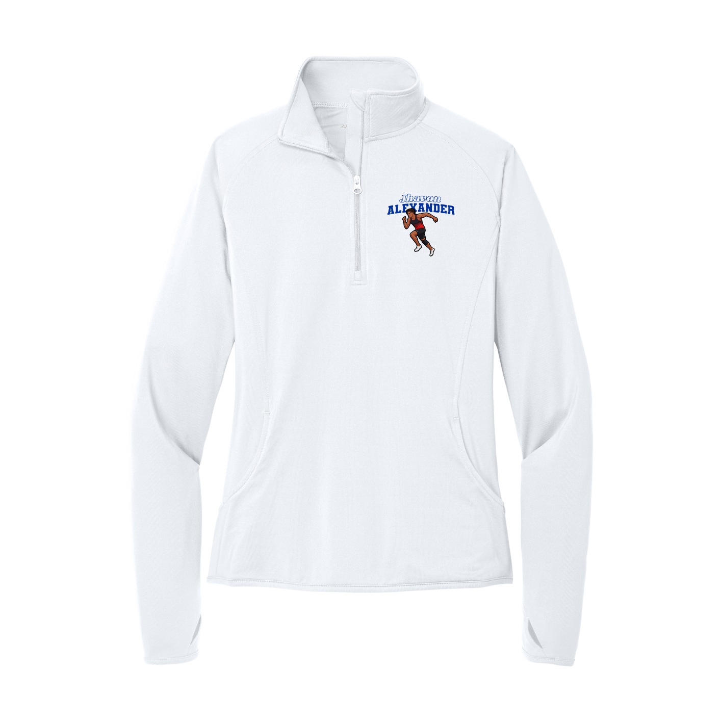 Women's Q-Zip Pullover — Name Arch in White