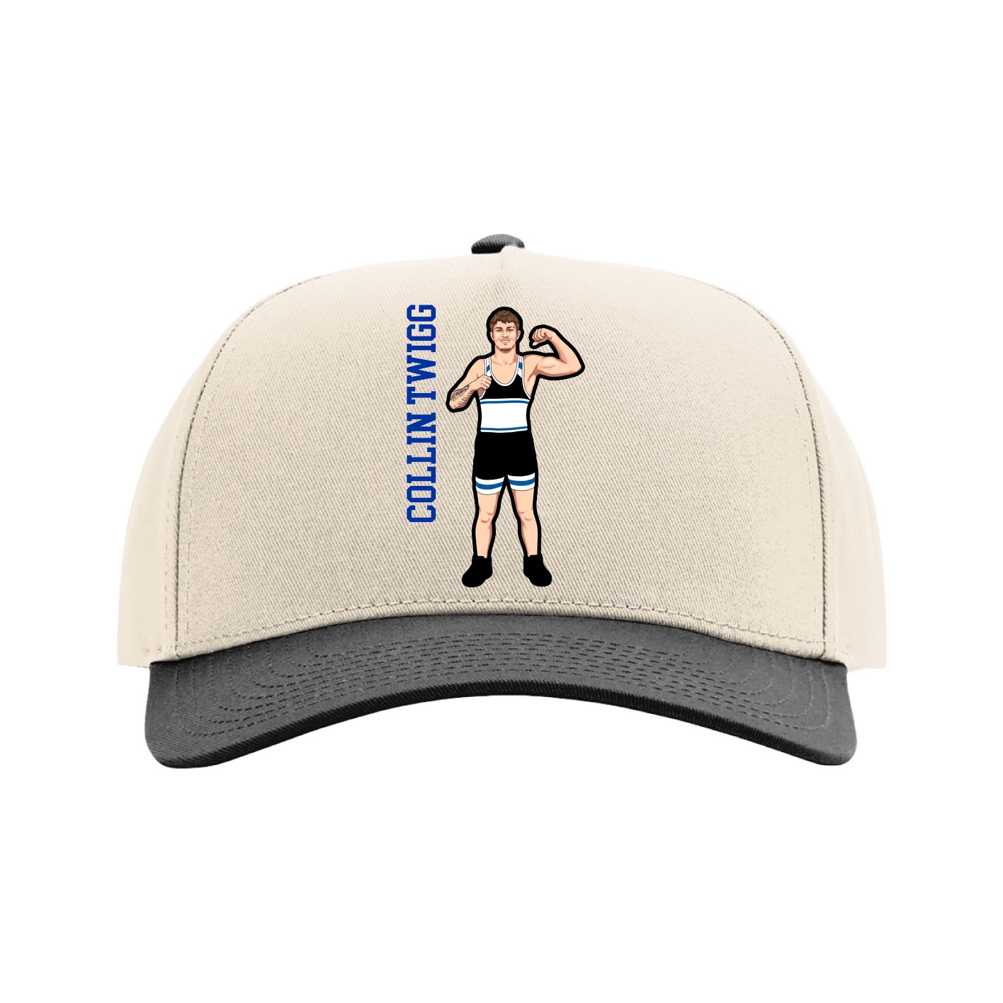 Full Fabric Five-Panel Champ Cap — Name Vertical in Cream/Black