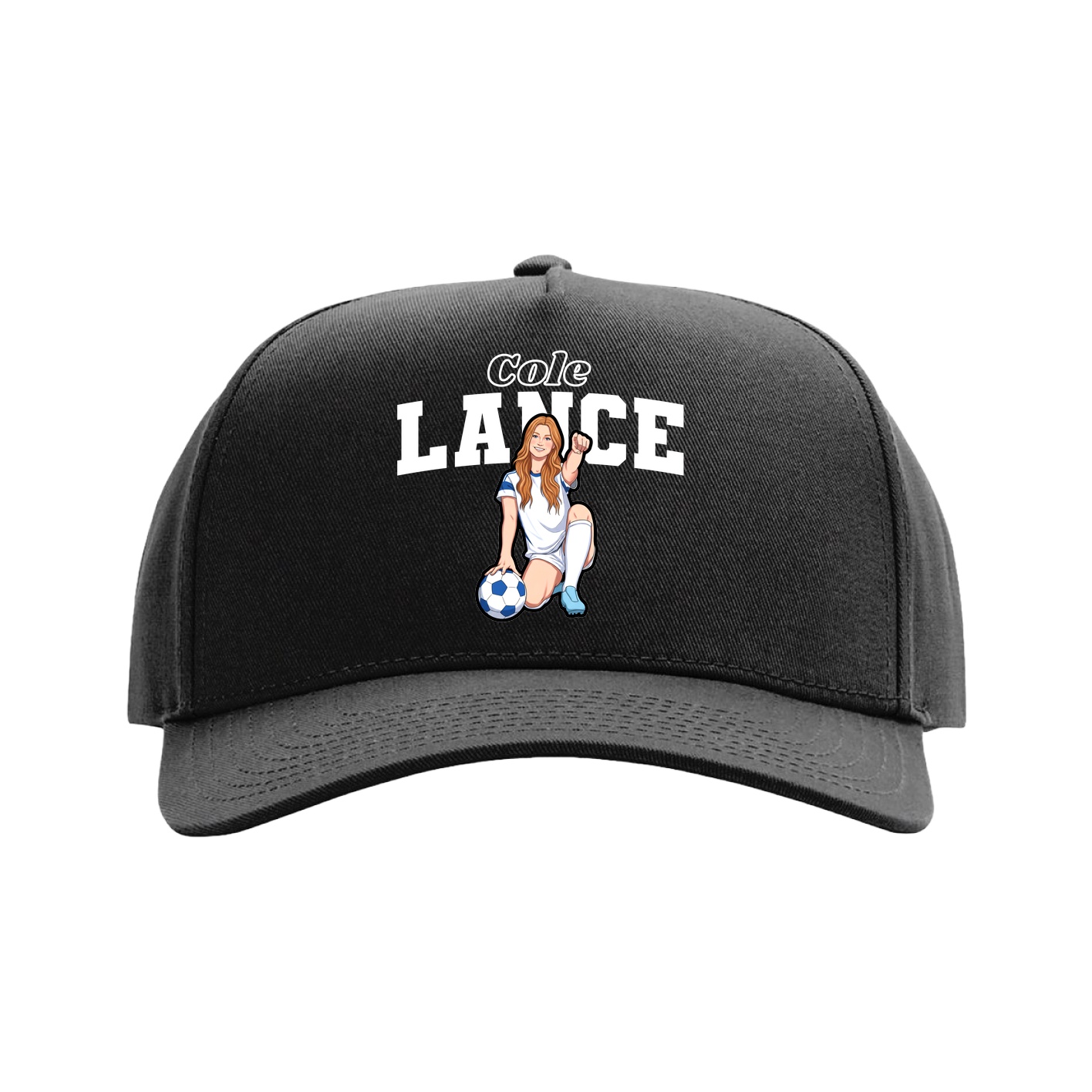 Full Fabric Five-Panel Champ Cap — Name Arch in Black
