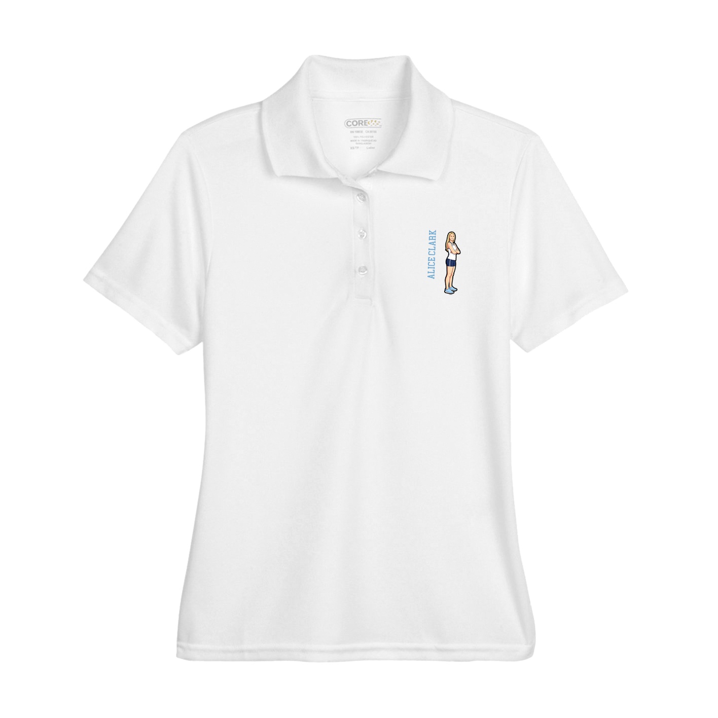 Womens Performance Polo — Name Vertical in White
