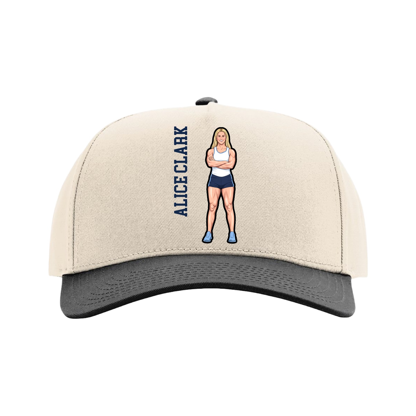 Full Fabric Five-Panel Champ Cap — Name Vertical in Cream/Black