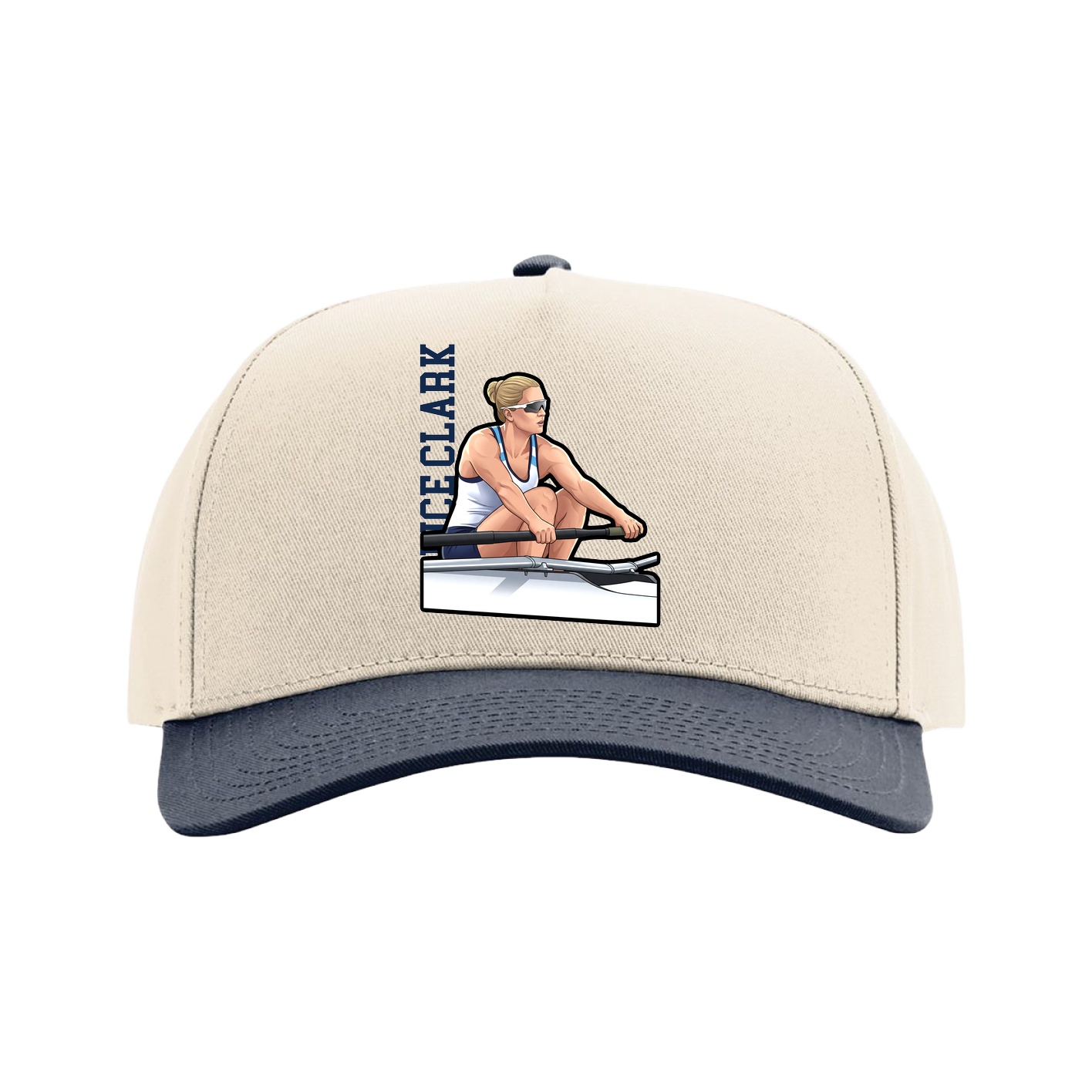 Full Fabric Five-Panel Champ Cap — Name Vertical in Cream/Navy