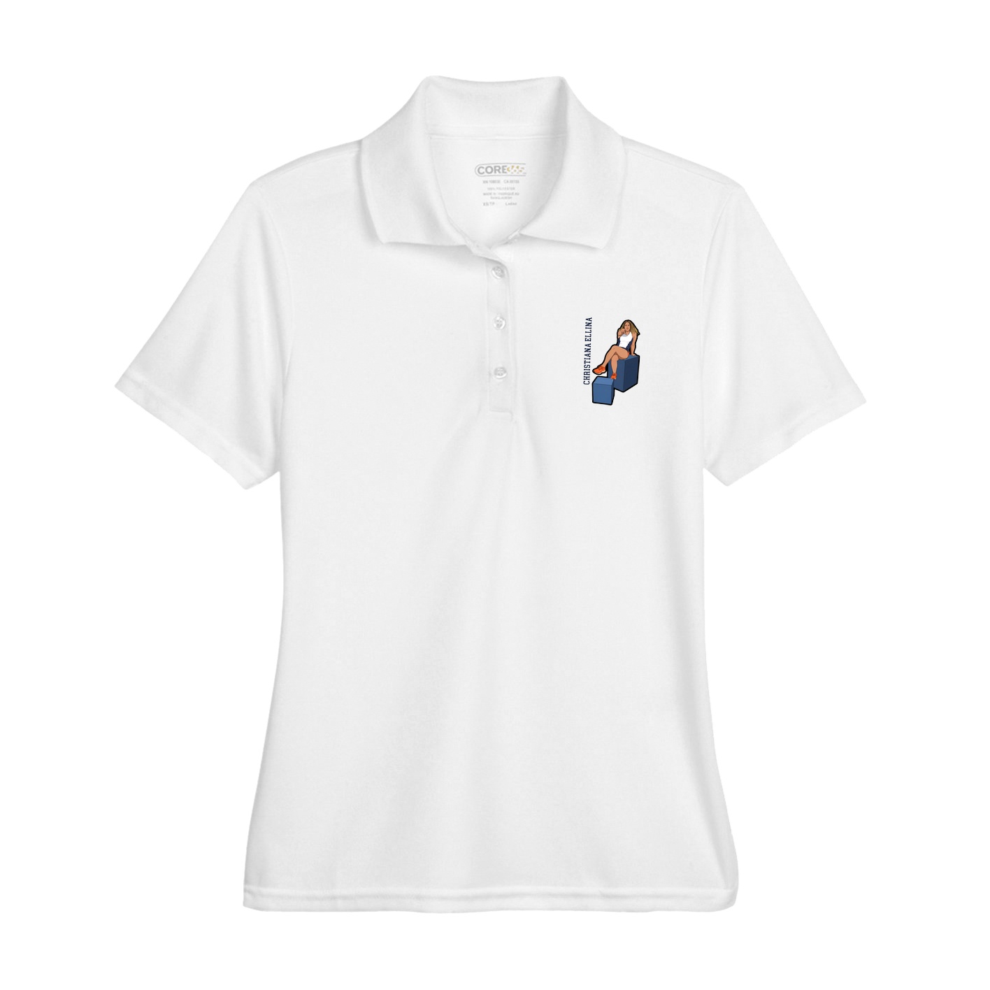 Womens Performance Polo — Name Vertical in White