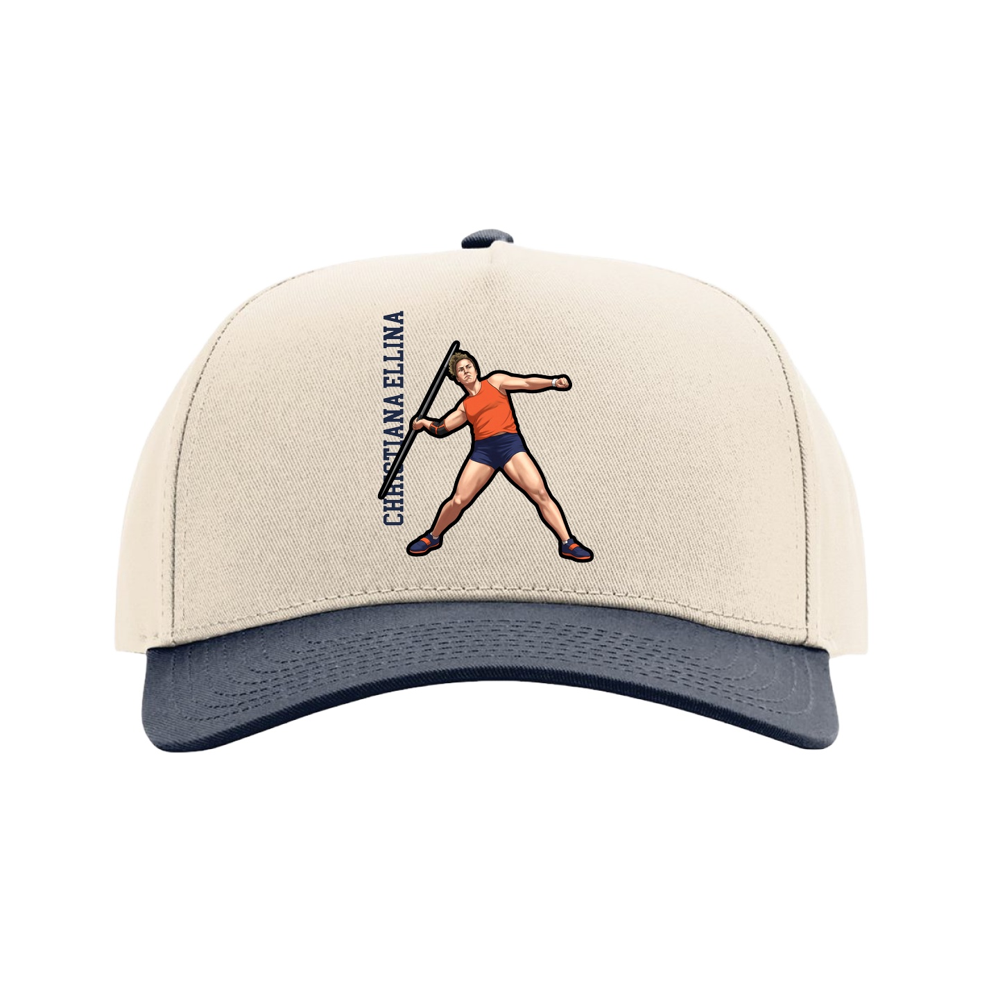 Full Fabric Five-Panel Champ Cap — Name Vertical in Cream/Navy