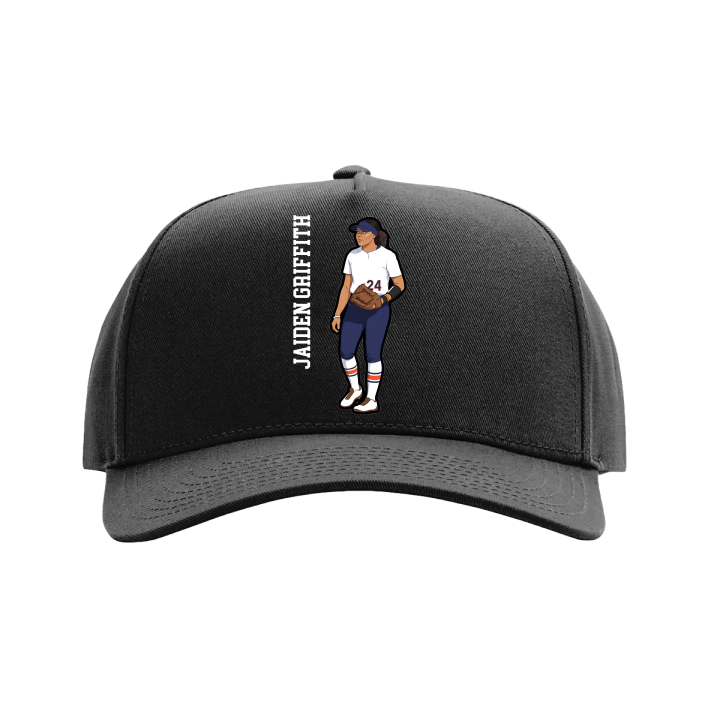Full Fabric Five-Panel Champ Cap — Name Vertical in Black
