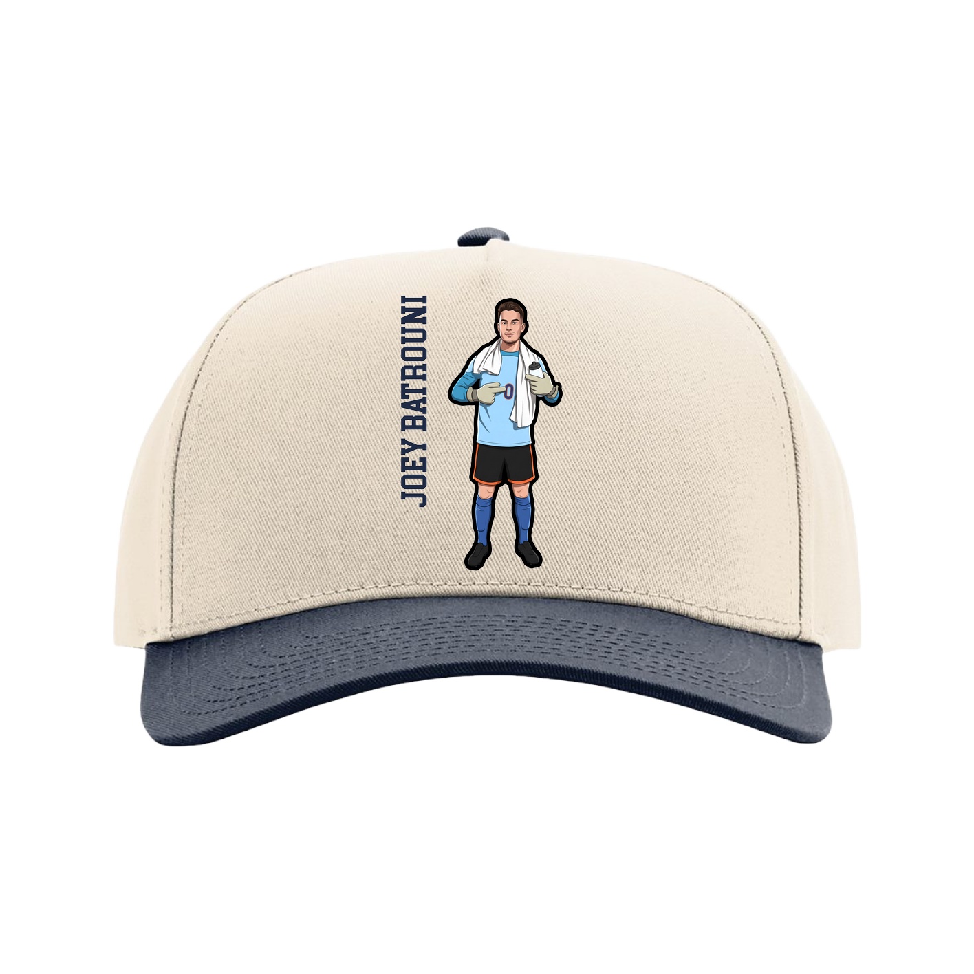 Full Fabric Five-Panel Champ Cap — Name Vertical in Cream/Navy