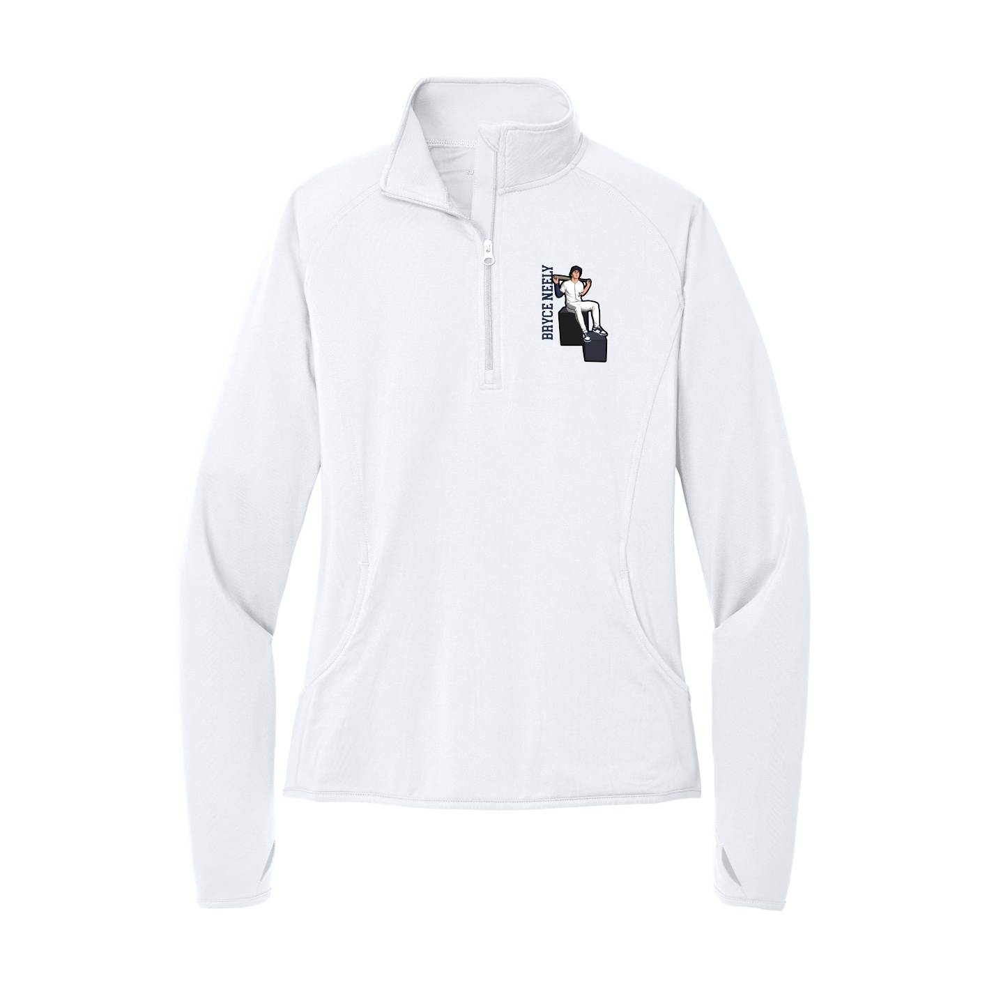 Women's Q-Zip Pullover — Name Vertical in White