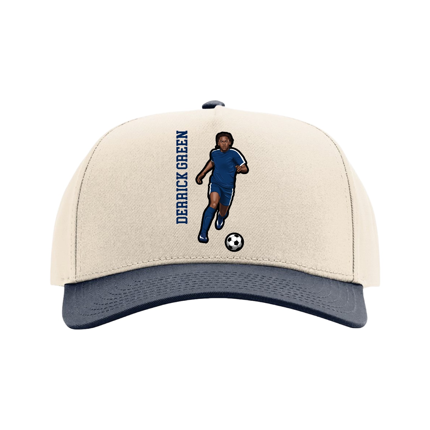 Full Fabric Five-Panel Champ Cap — Name Vertical in Cream/Navy