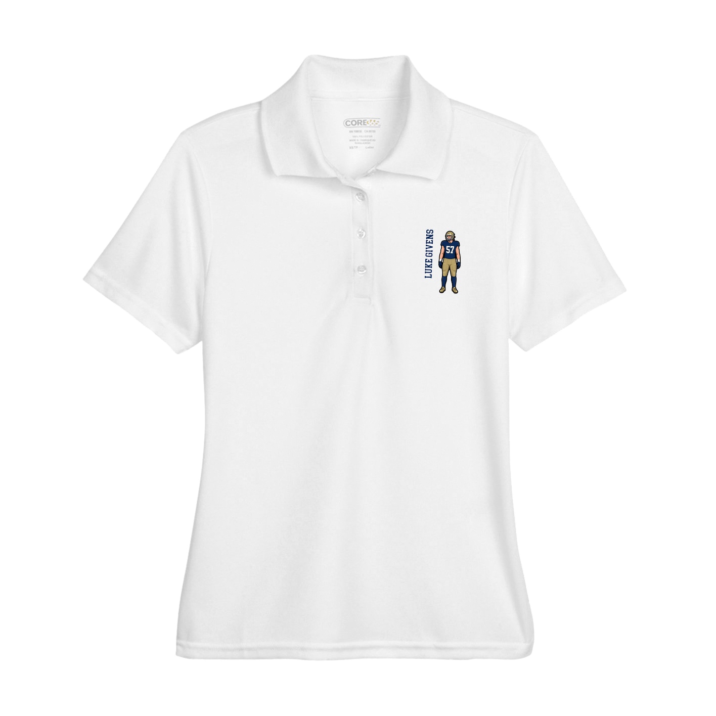 Womens Performance Polo — Name Vertical in White