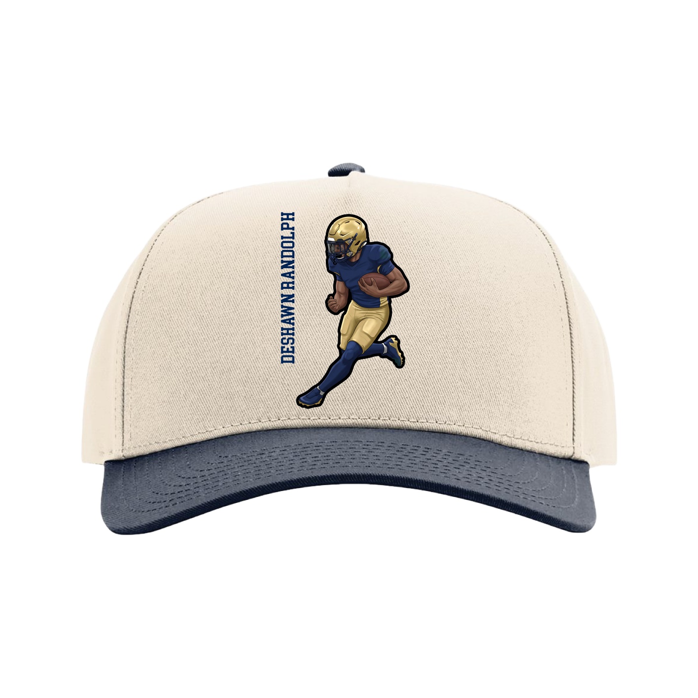 Full Fabric Five-Panel Champ Cap — Name Vertical in Cream/Navy