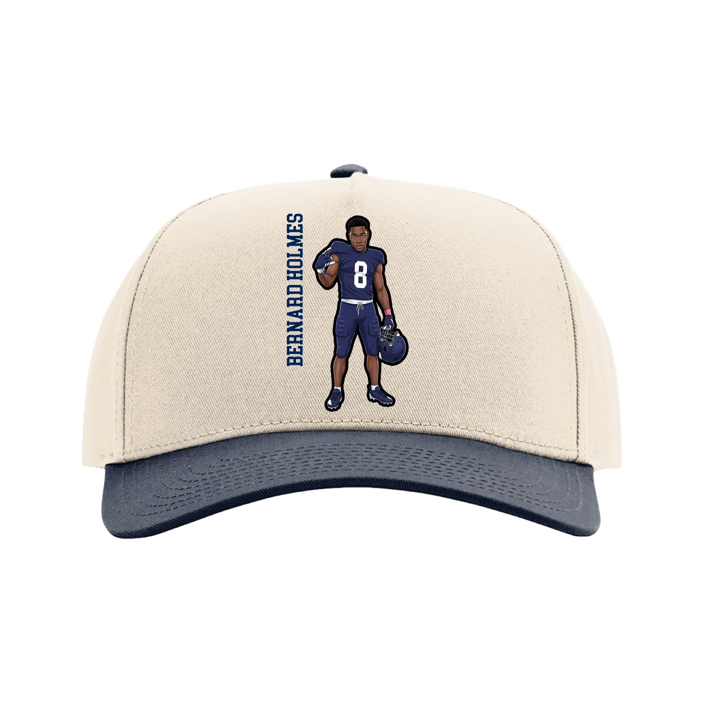 Full Fabric Five-Panel Champ Cap — Name Vertical in Cream/Navy