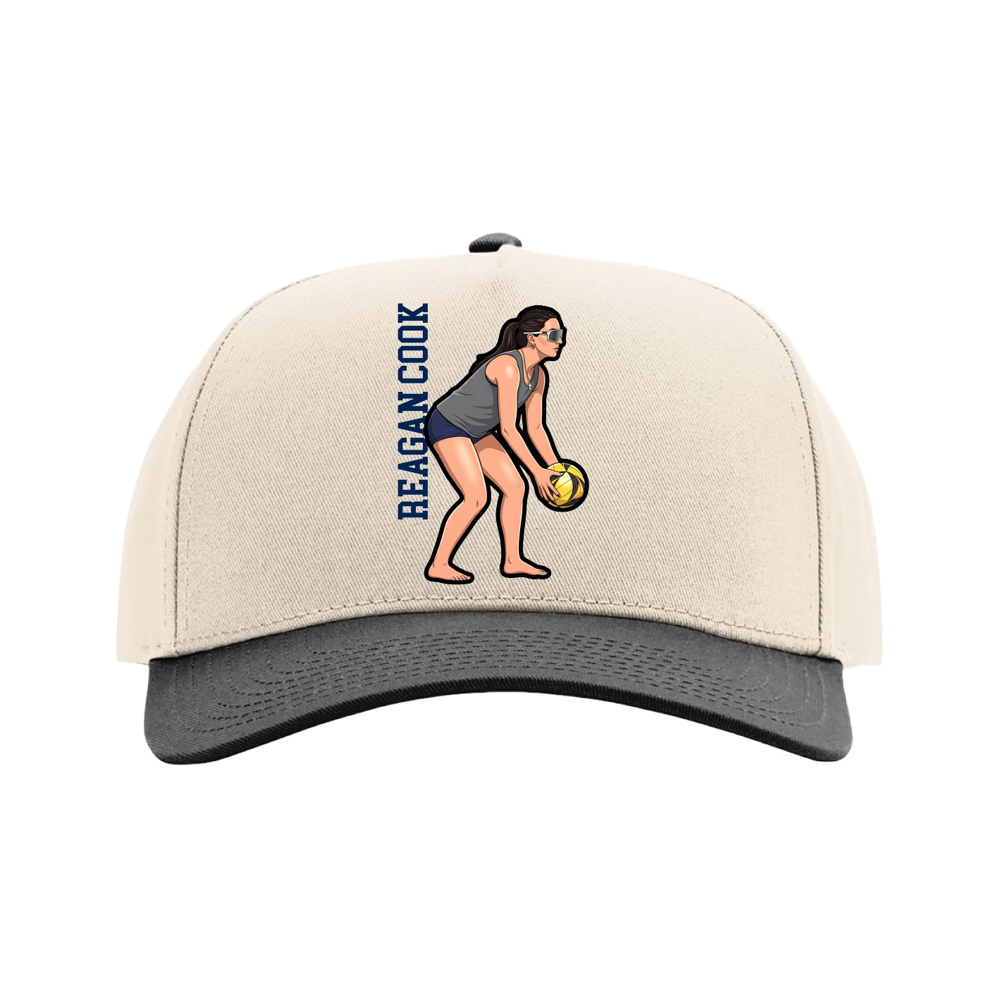 Full Fabric Five-Panel Champ Cap — Name Vertical in Cream/Black