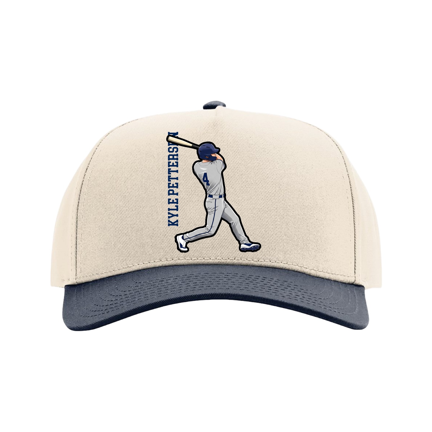 Full Fabric Five-Panel Champ Cap — Name Vertical in Cream/Navy
