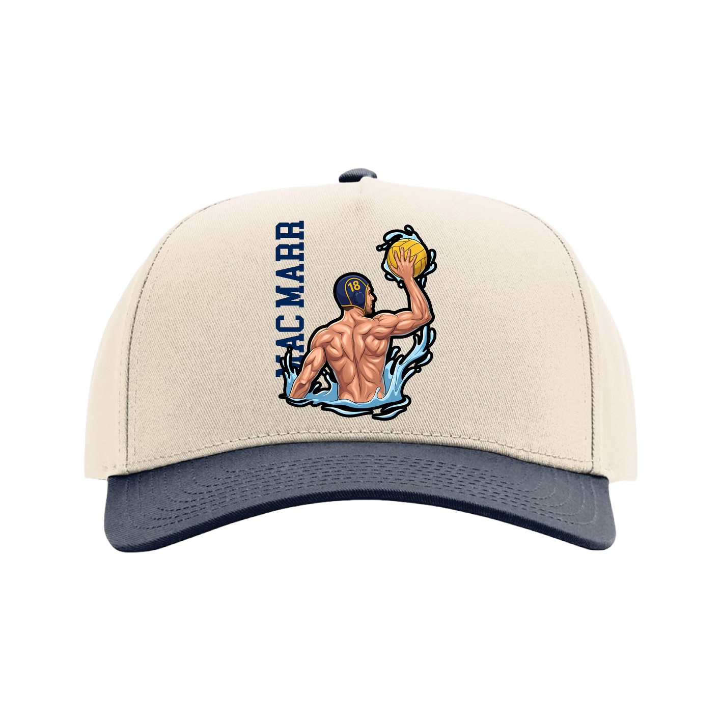 Full Fabric Five-Panel Champ Cap — Name Vertical in Cream/Navy