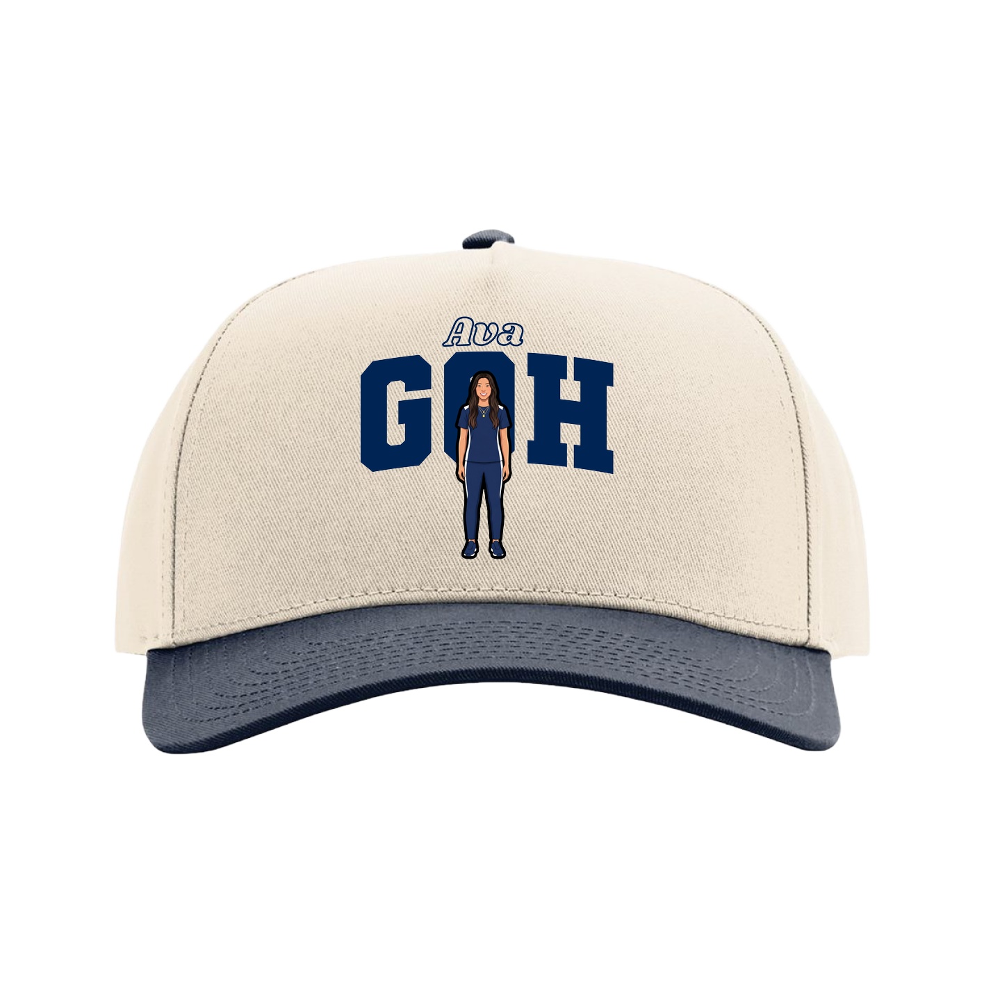 Full Fabric Five-Panel Champ Cap — Name Arch in Cream/Navy
