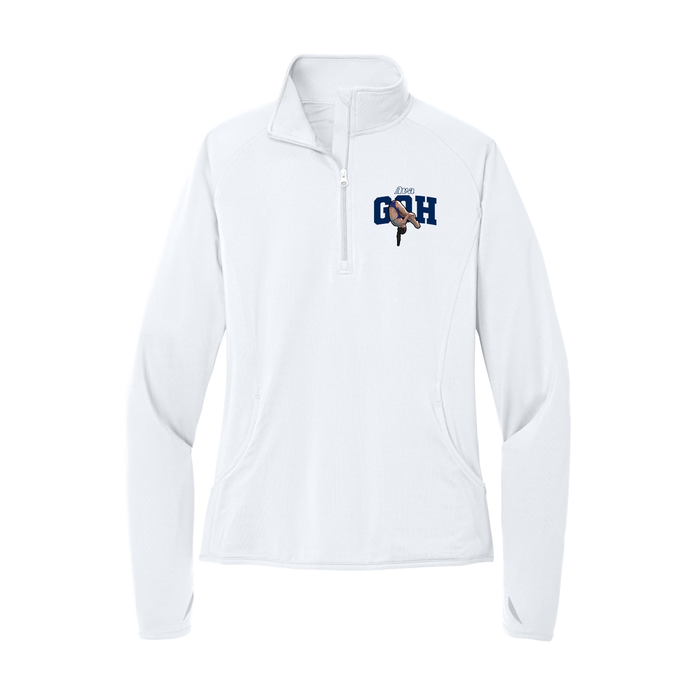 Women's Q-Zip Pullover — Name Arch in White
