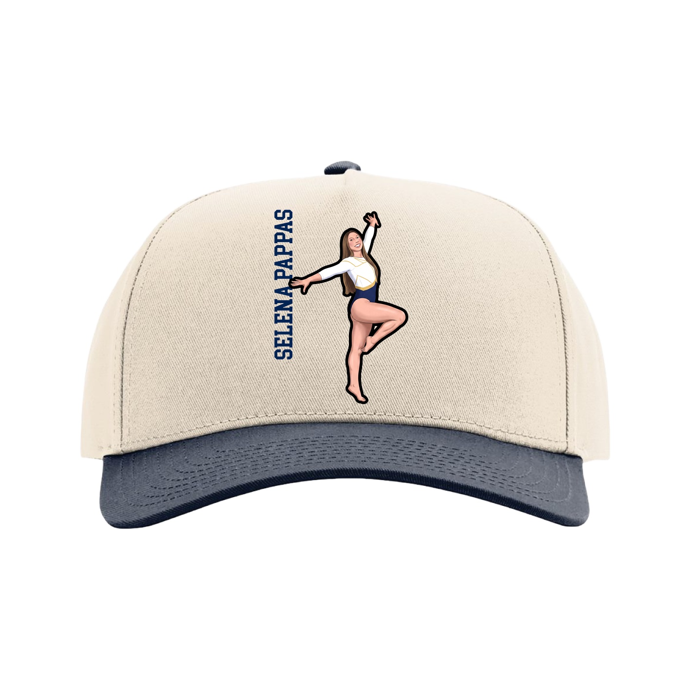 Full Fabric Five-Panel Champ Cap — Name Vertical in Cream/Navy
