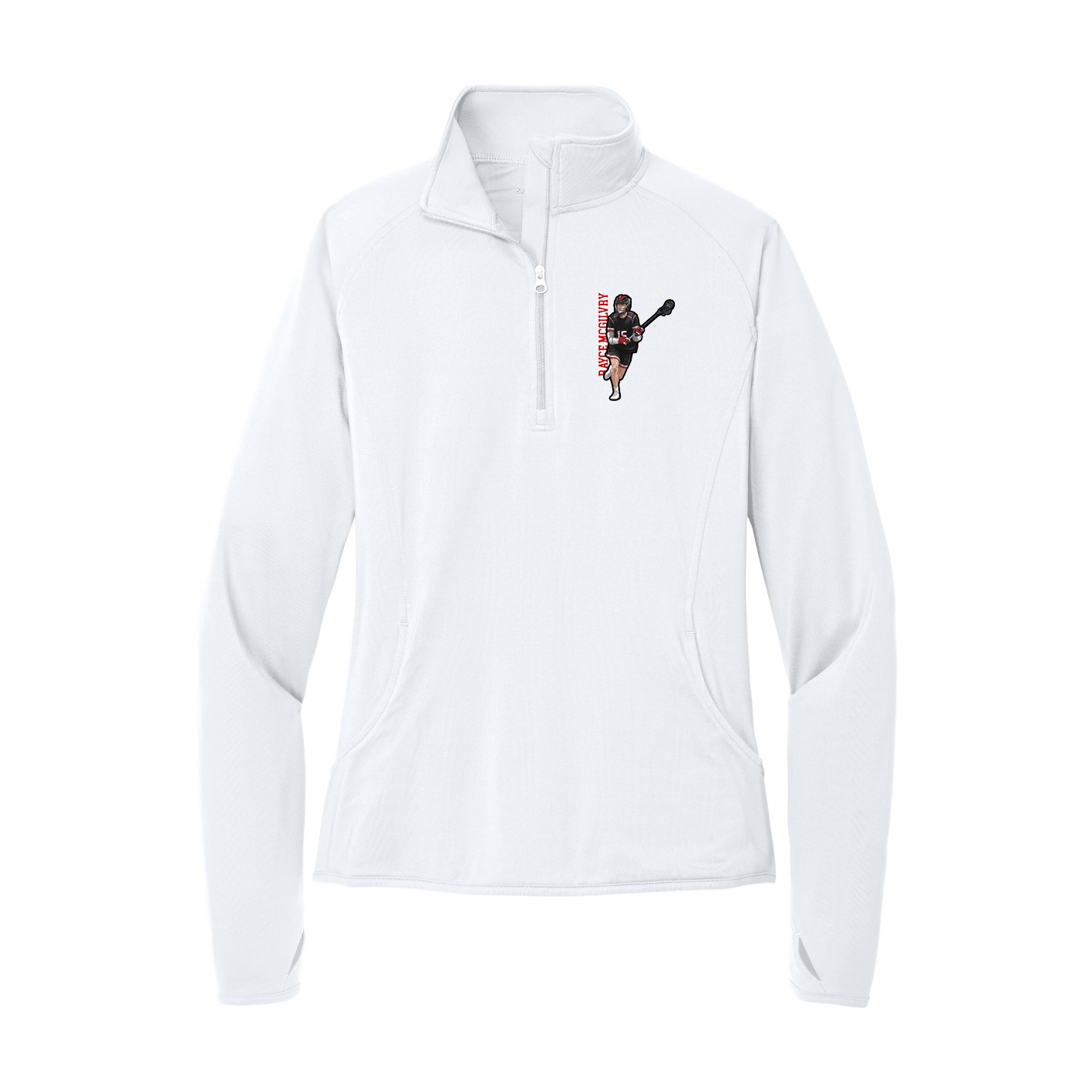 Women's Q-Zip Pullover — Name Vertical in White