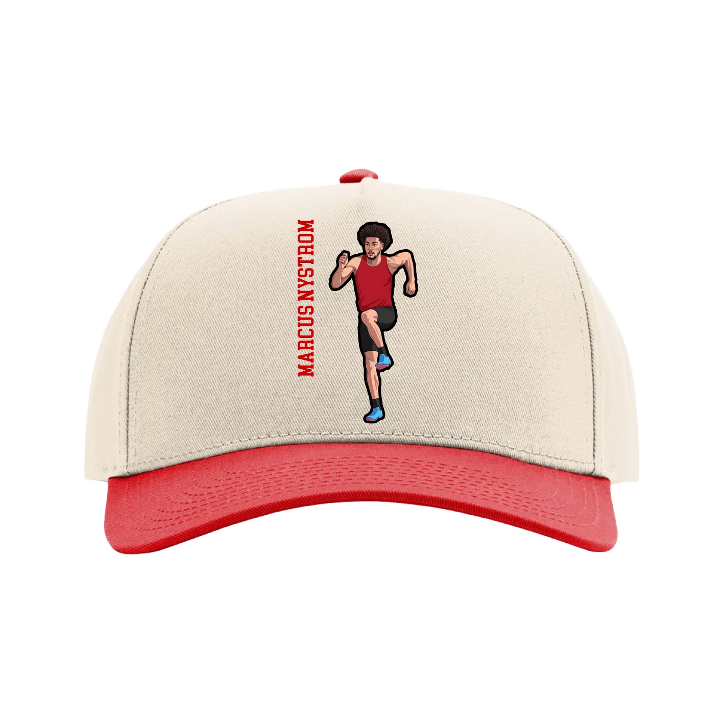 Full Fabric Five-Panel Champ Cap — Name Vertical in Cream/Red