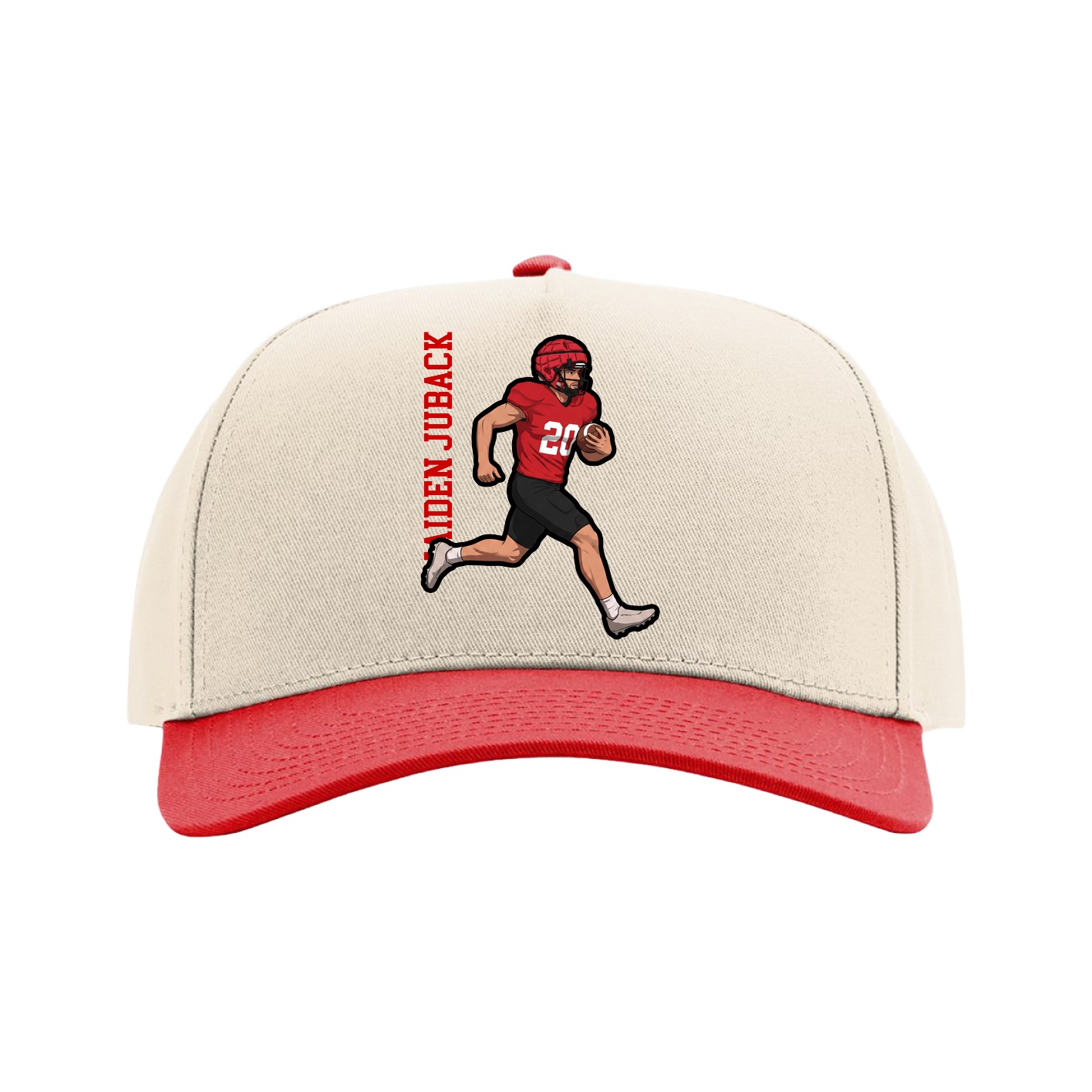 Full Fabric Five-Panel Champ Cap — Name Vertical in Cream/Red