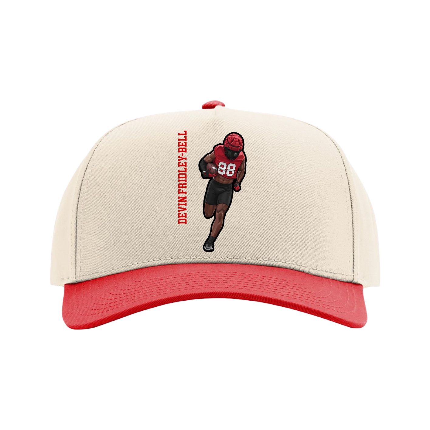 Full Fabric Five-Panel Champ Cap — Name Vertical in Cream/Red