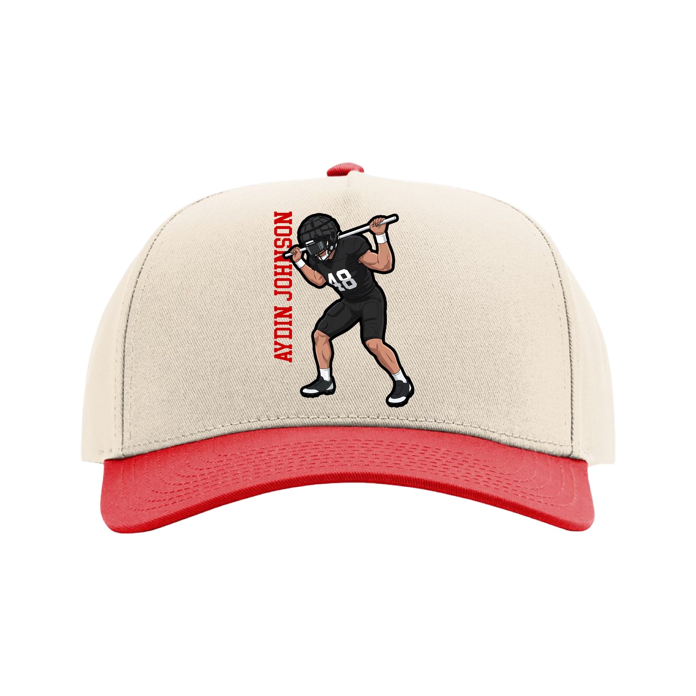 Full Fabric Five-Panel Champ Cap — Name Vertical in Cream/Red