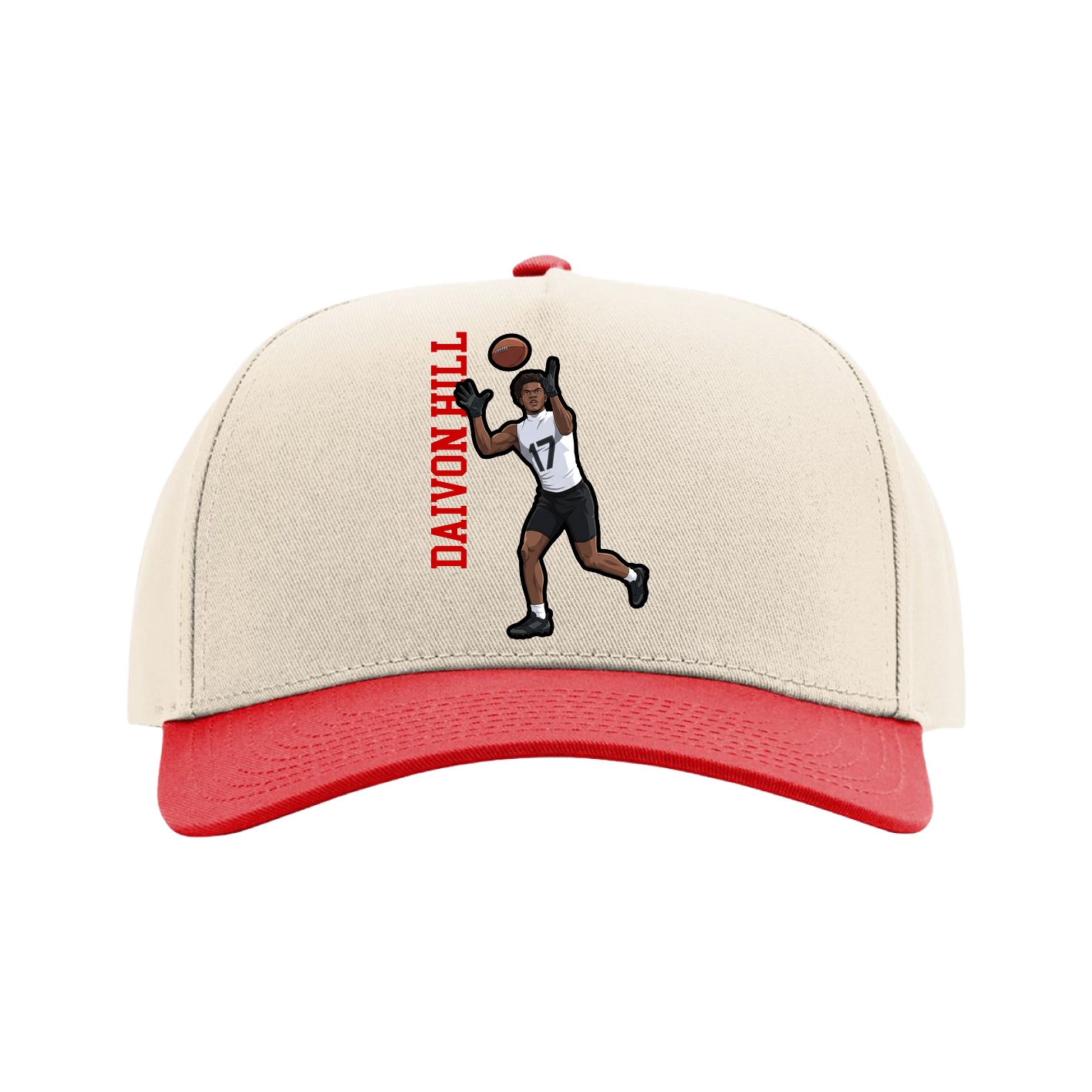 Full Fabric Five-Panel Champ Cap — Name Vertical in Cream/Red