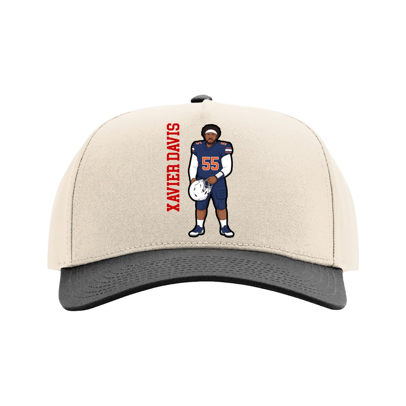 Full Fabric Five-Panel Champ Cap — Name Vertical in Cream/Black