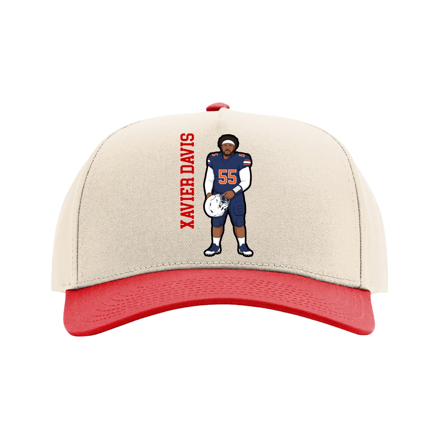 Full Fabric Five-Panel Champ Cap — Name Vertical in Cream/Red