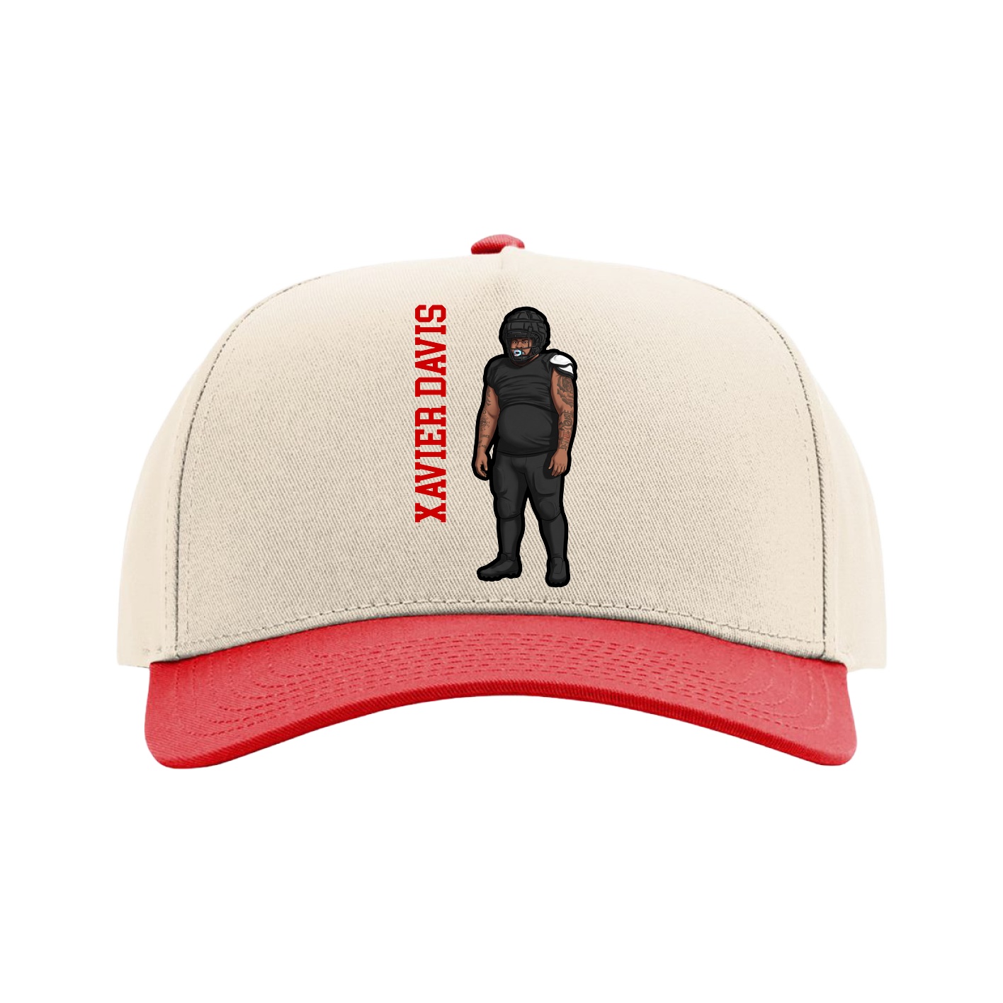Full Fabric Five-Panel Champ Cap — Name Vertical in Cream/Red