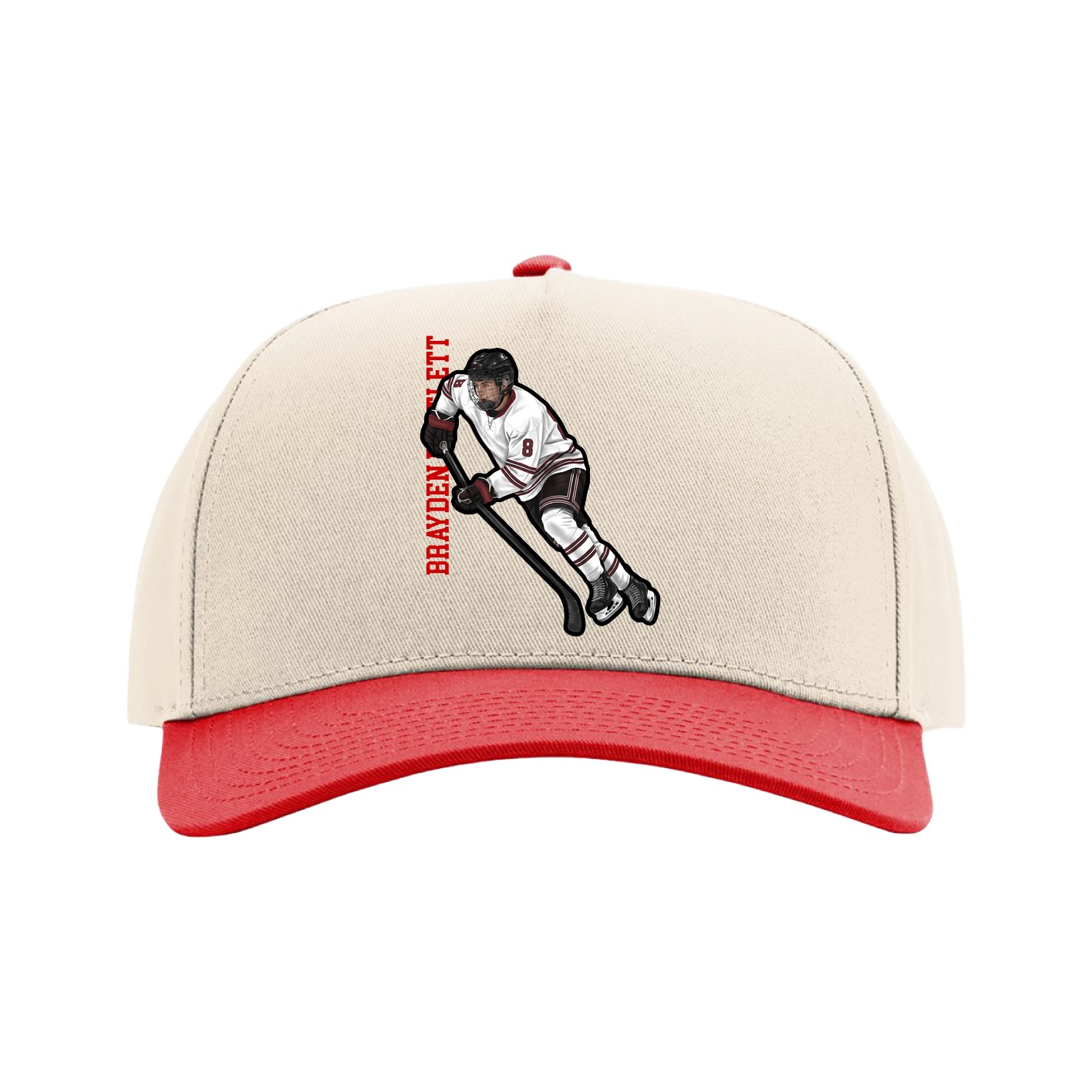 Full Fabric Five-Panel Champ Cap — Name Vertical in Cream/Red