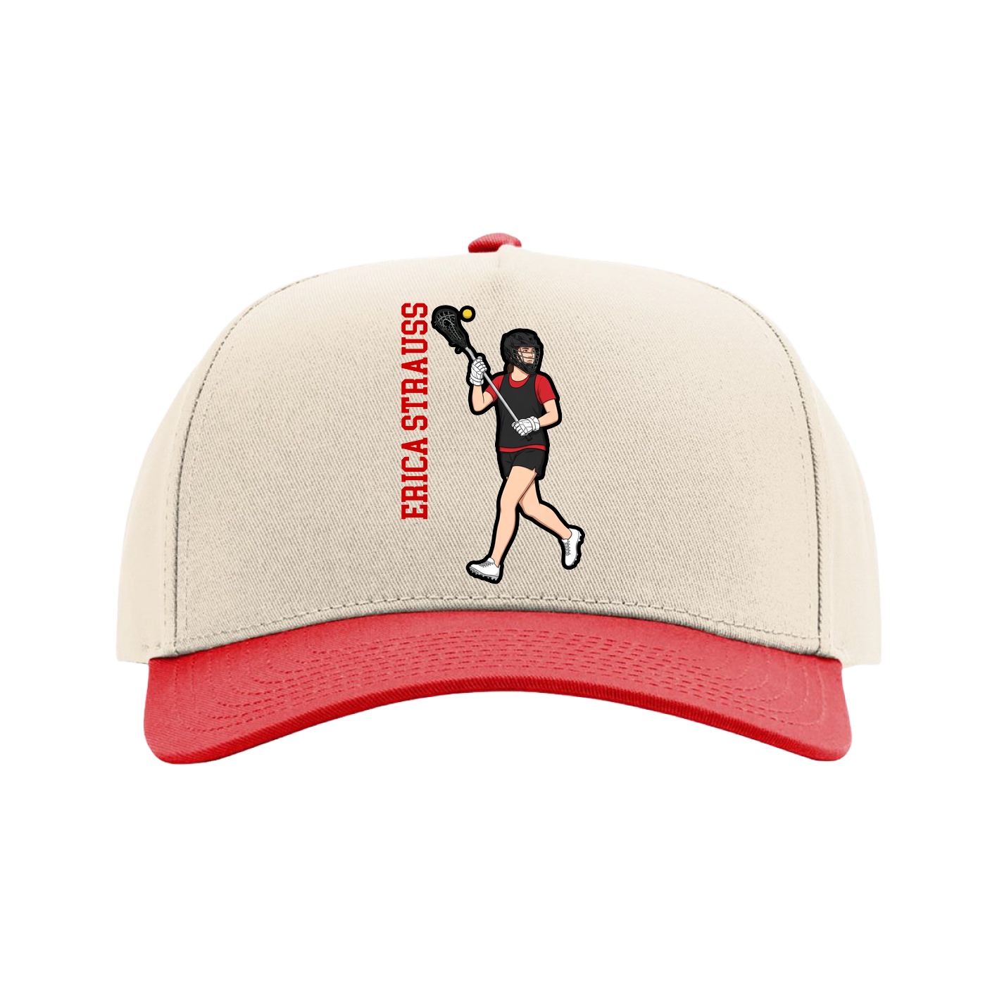 Full Fabric Five-Panel Champ Cap — Name Vertical in Cream/Red