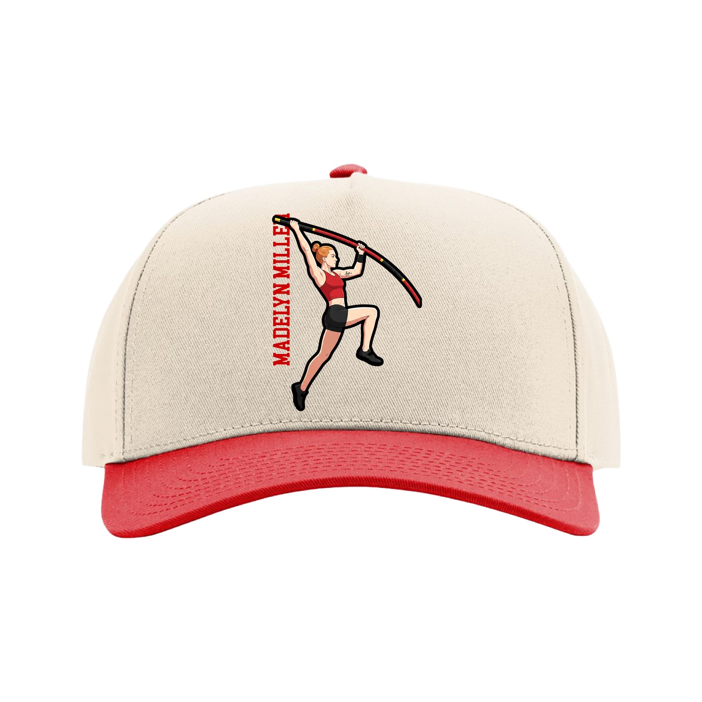 Full Fabric Five-Panel Champ Cap — Name Vertical in Cream/Red