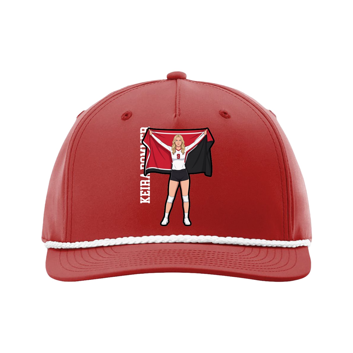 Five-Panel Classic Rope Cap — Name Vertical in Red